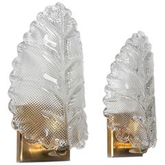 Pair of Murano Italian Clear Textured Leaf Wall Sconces