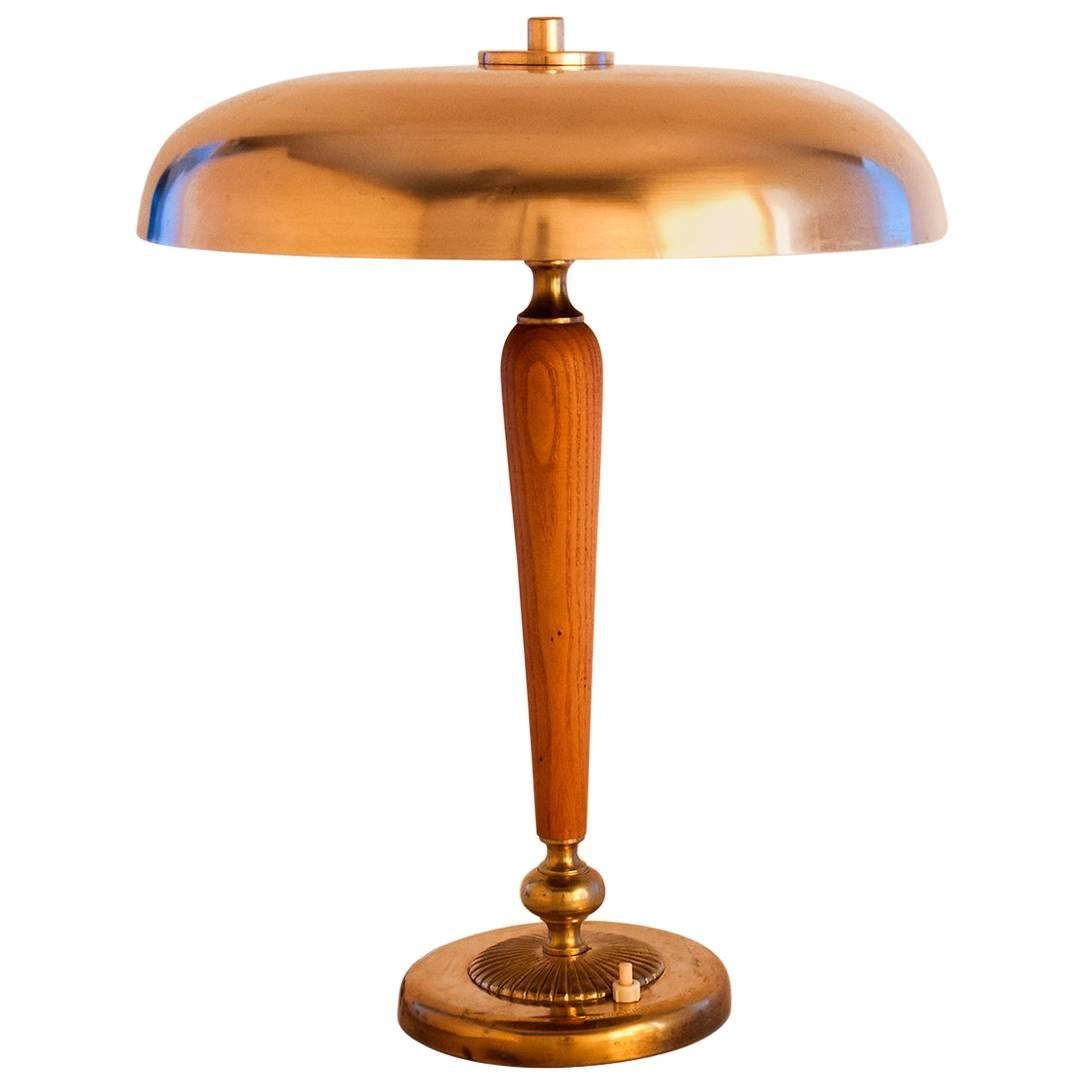 Beautiful Swedish Art Deco Table Brass and Beech Table Lamp, 1935 For Sale