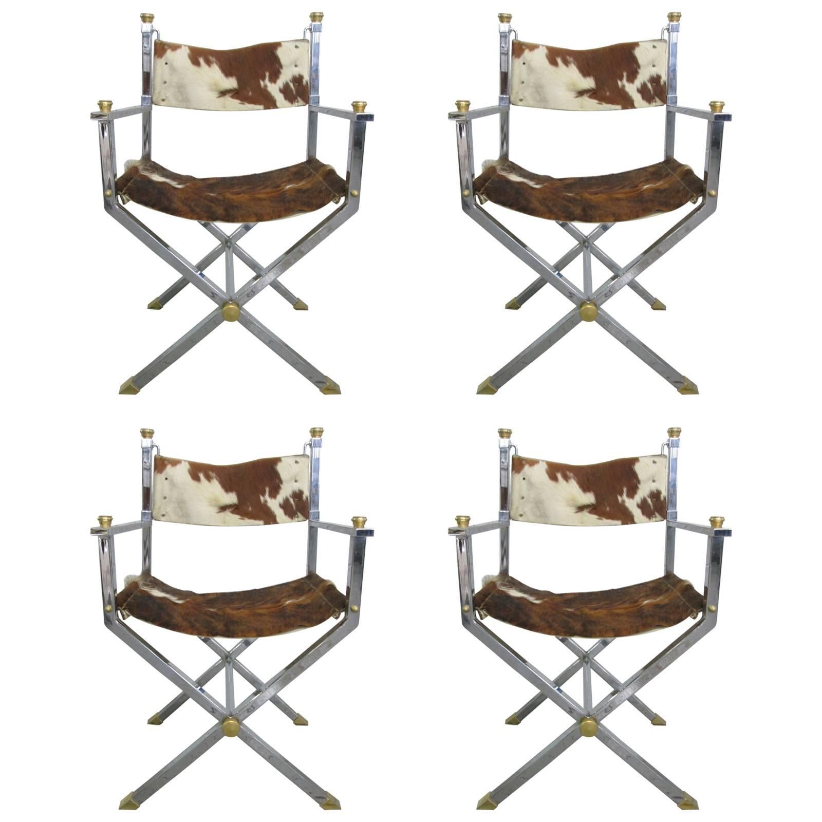 Four Cowhide Directors Chairs in the Style of Maison Jansen For Sale at