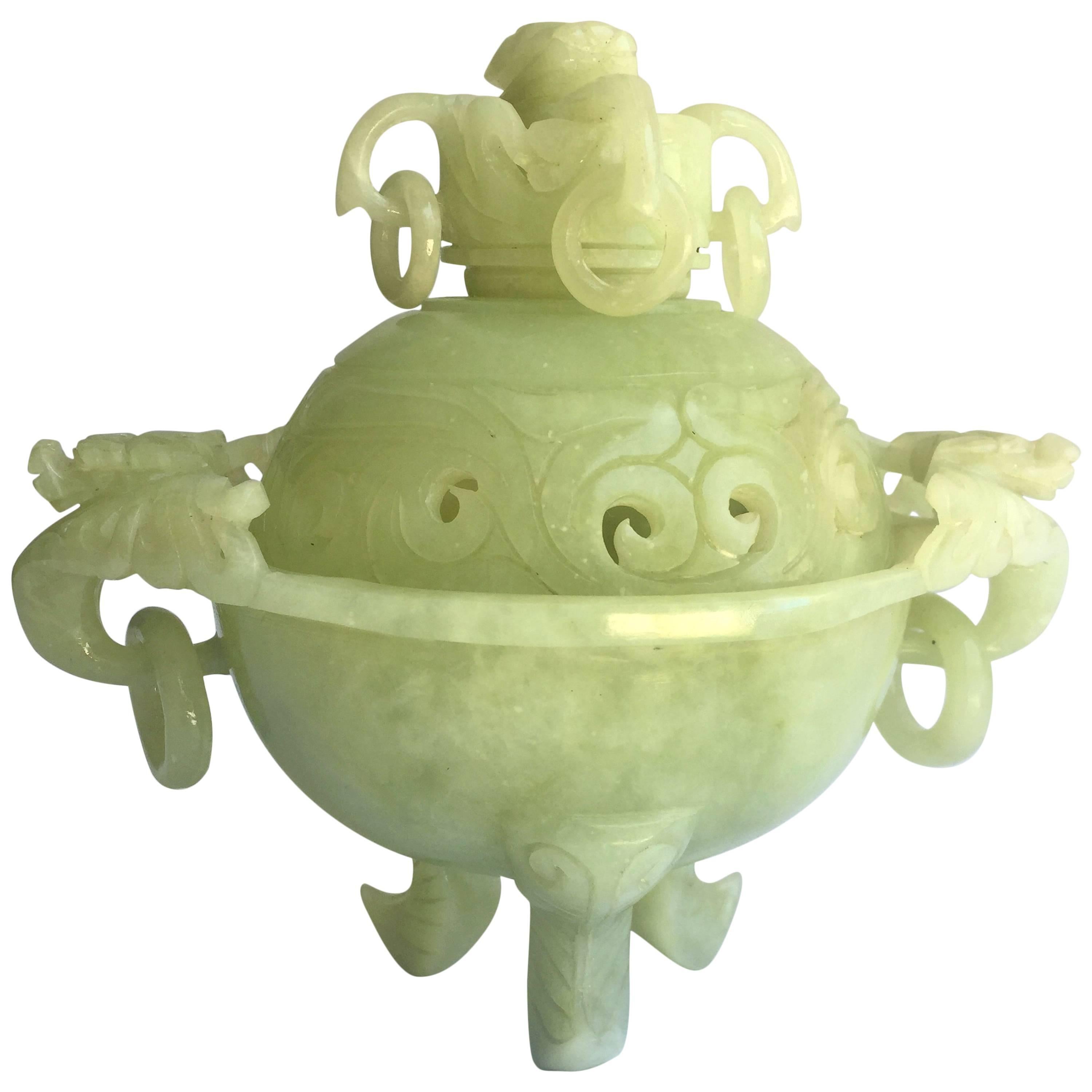 Natural Green Stone Incense Burner, Three Footed For Sale