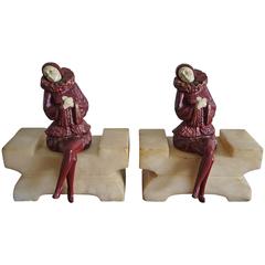 Pair of Art Deco Alabaster and Hand Painted Spelter Pierrot / Pierrette Bookends