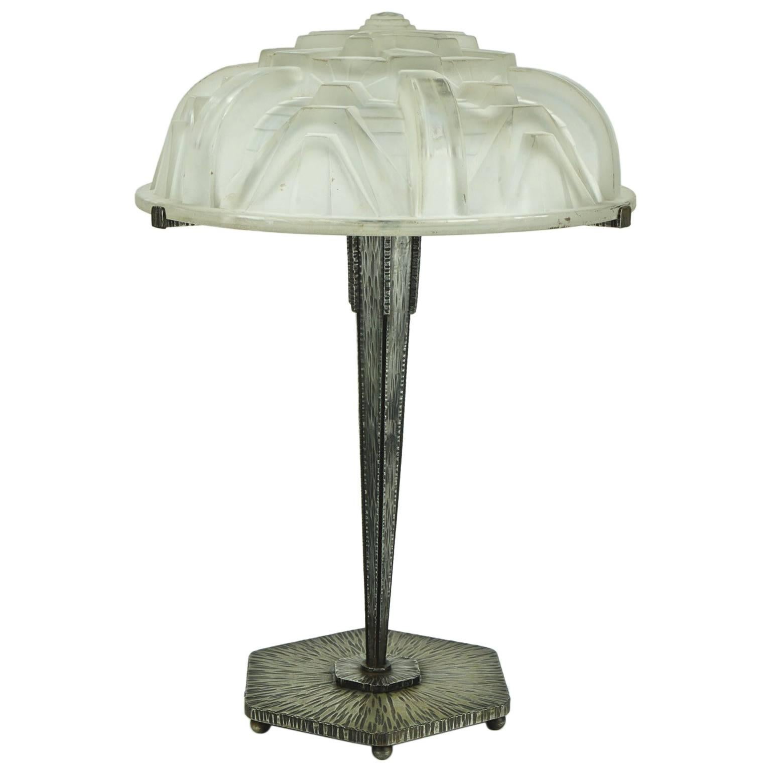 Large Art Deco Muller Freres Table Lamp with Geometric Motifs Design