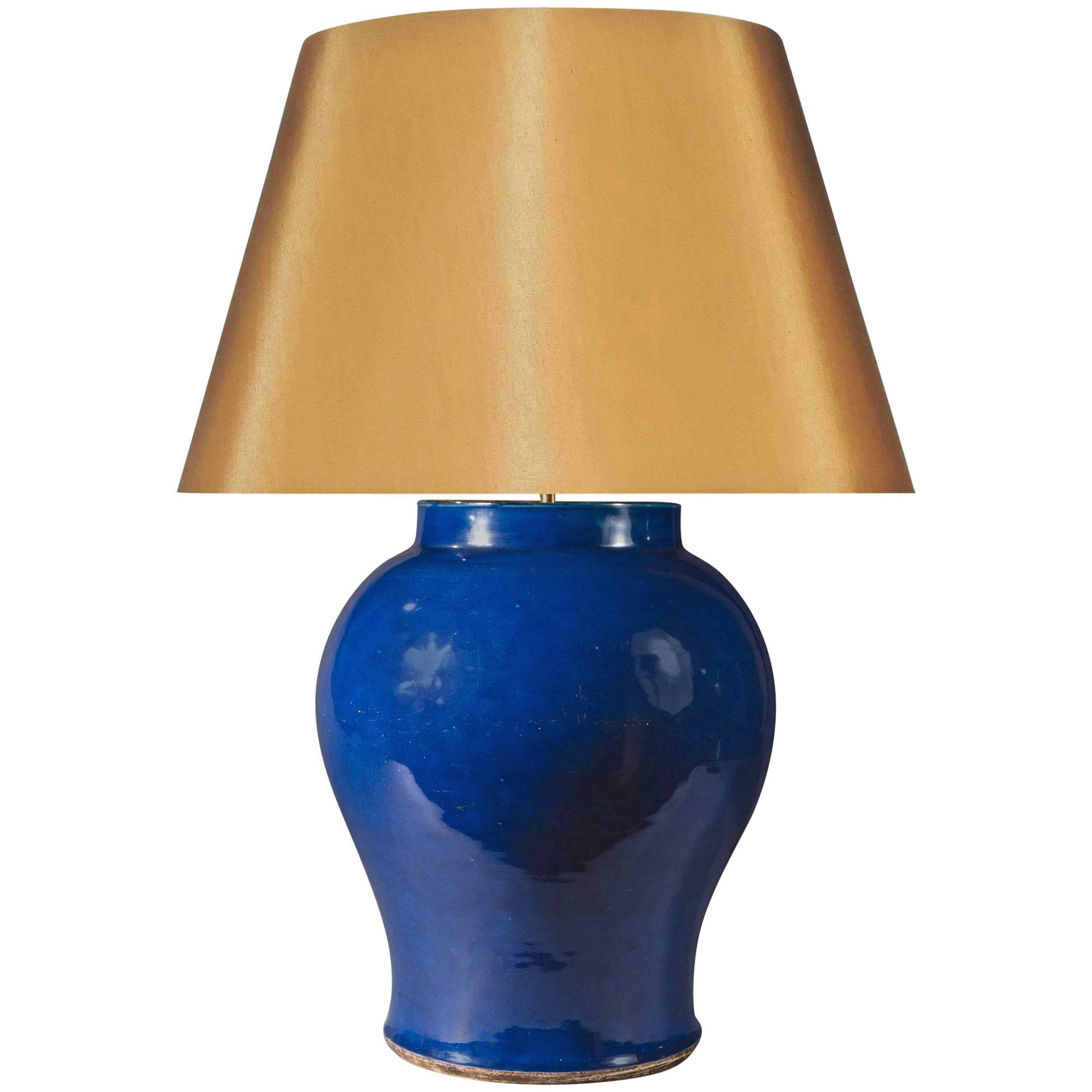 Large 19th Century Chinese Export Monochrome Blue Glaze Vase Lamp