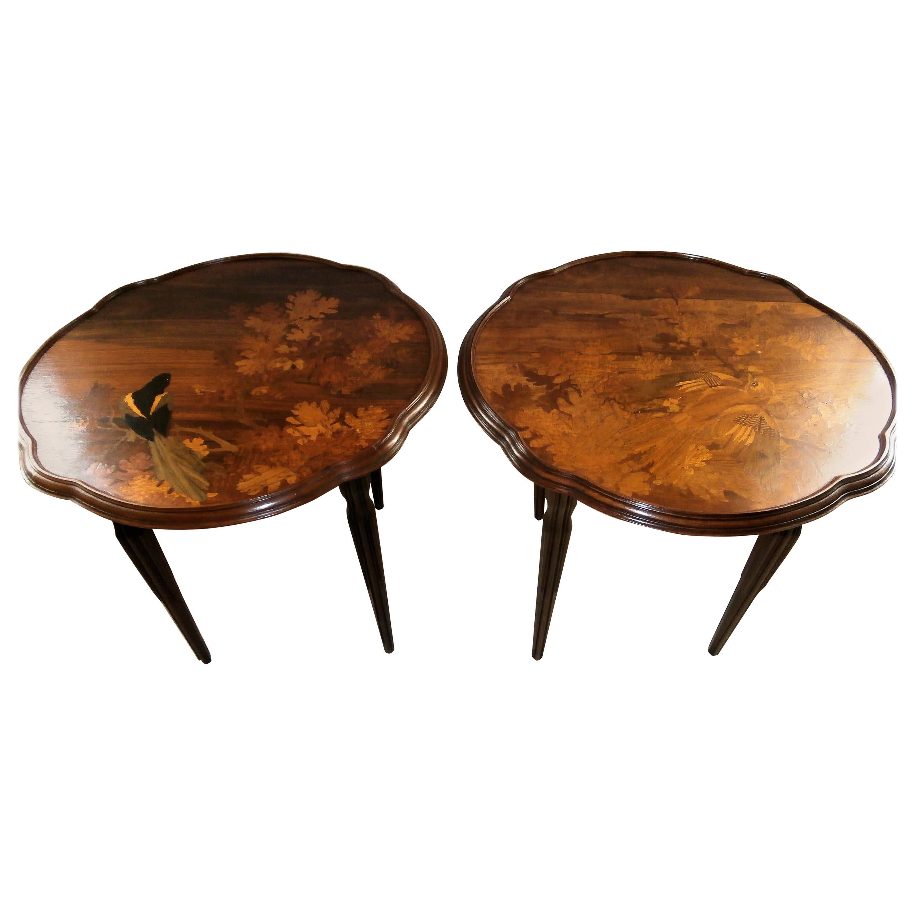 Stunning Art Nouveau Pair of Marquetry Tables Signed by Gallé