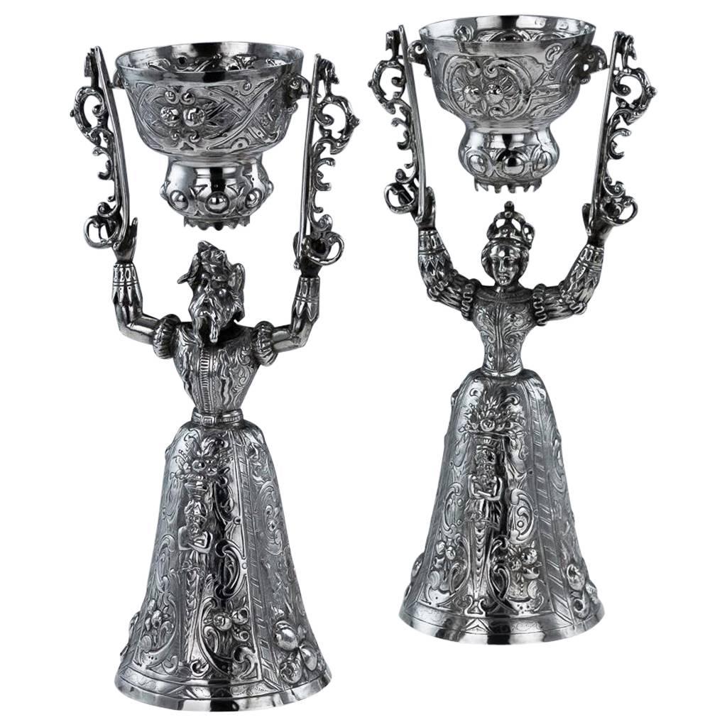 Antique German Neresheimer Solid Silver Pair of Wager Cups, London, circa 1891