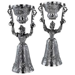 Antique German Neresheimer Solid Silver Pair of Wager Cups, London, circa 1891