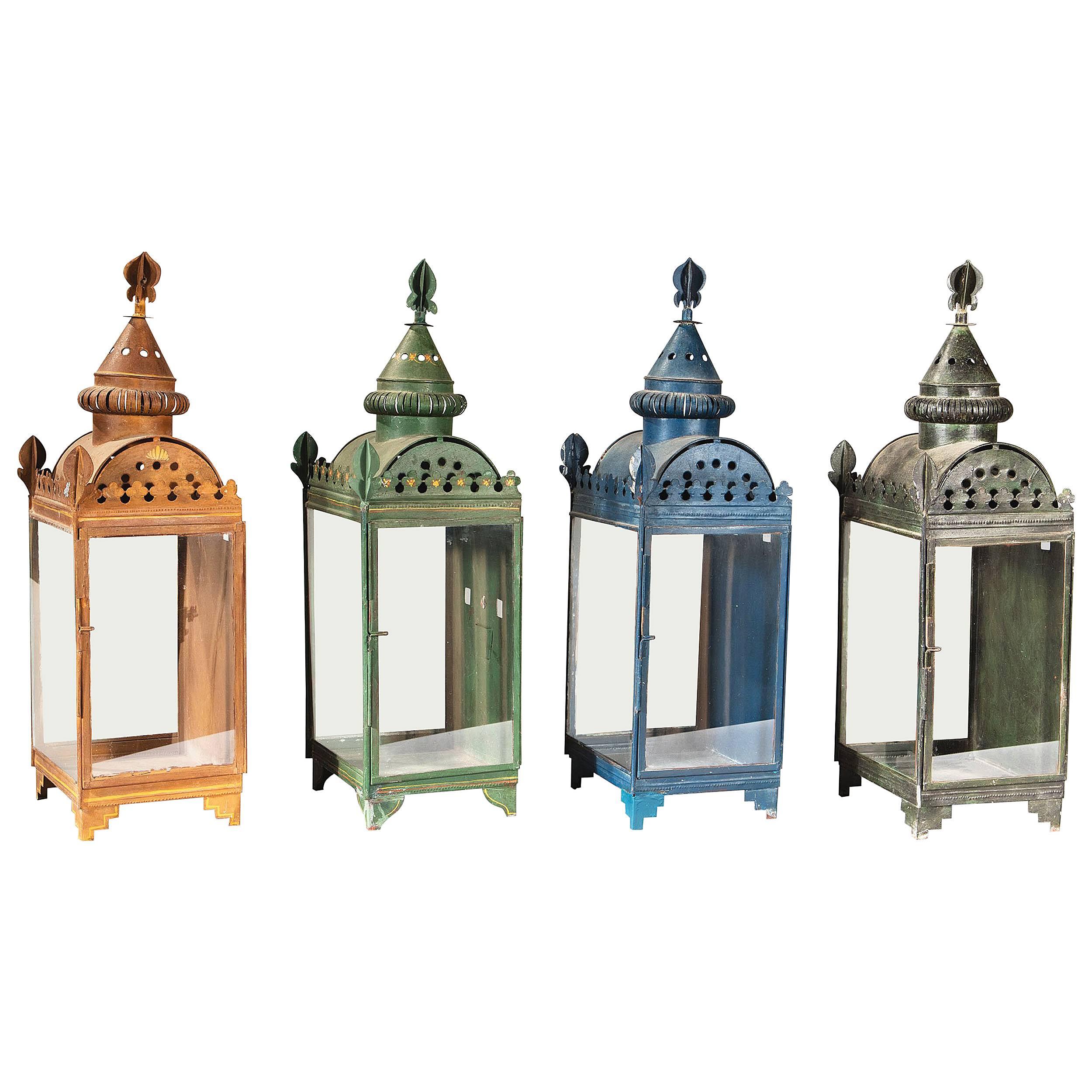 Set of Four Painted Tole and Glass Wall Lanterns For Sale