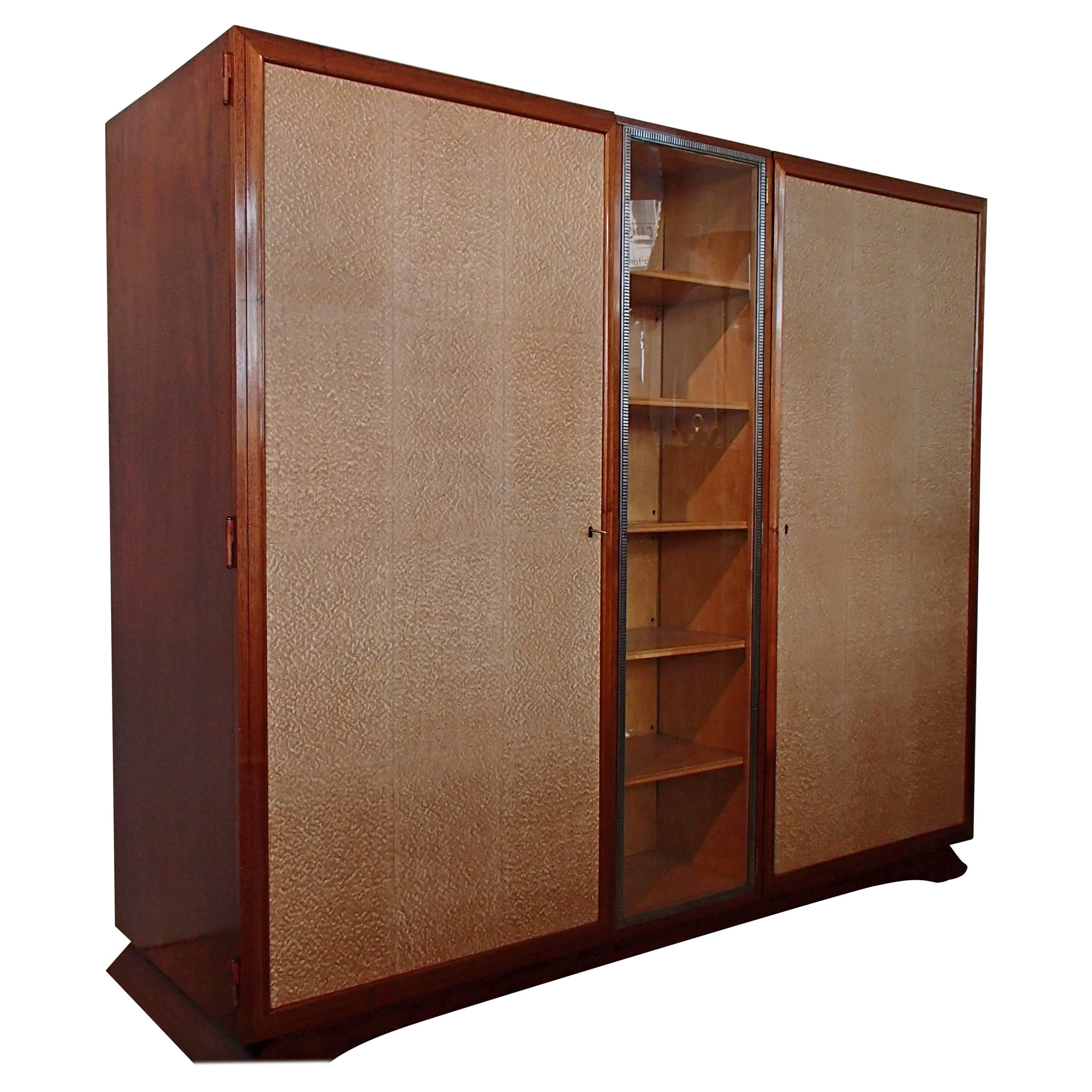 Art Deco Wardrobe Full Mahogany with Pergament like Doors and Wrought Iron For Sale