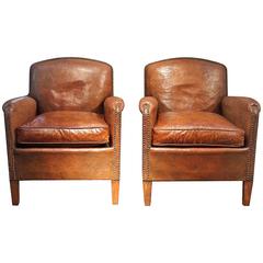 Pair of French 1930s Leather Club Armchairs