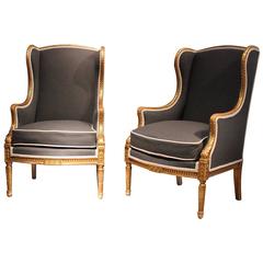 Pair of Carved and Gilded Wing Armchairs in the Louis XVI Style, French, 1940s