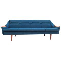 Norwegian Blue Wool Teak Four-Seat Double Sofa Bed Midcentury Sofa, 1960s