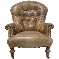 Worn Brown Leather Club Chair with Scrolled Arms, Tufted Back and Turned Feet