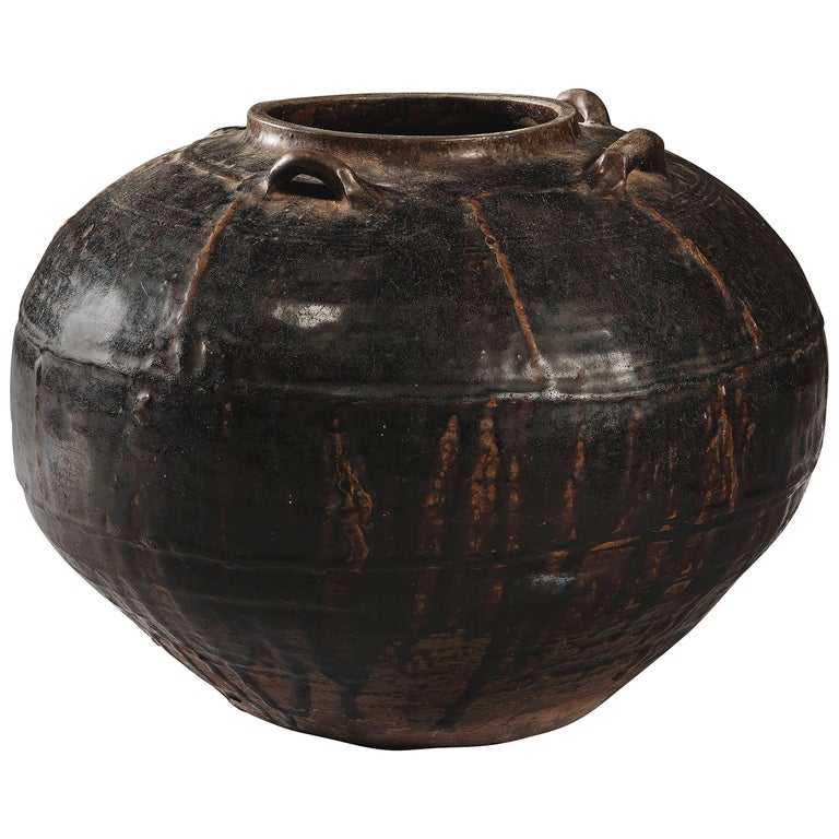 Squat South China Black Brown Glazed Storage Jar