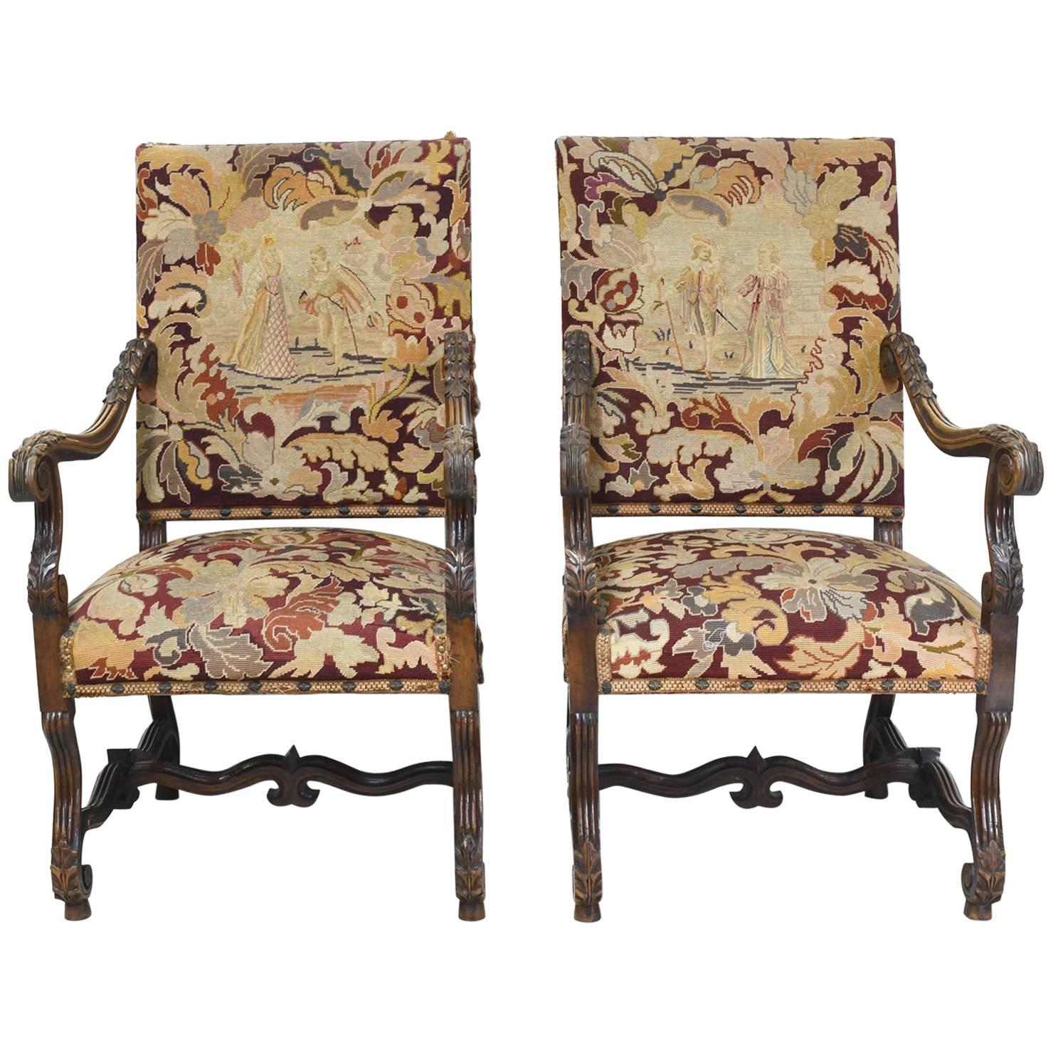 Pair of 19th Century Louis XIII Style French Throne Chairs