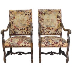 Antique Pair of 19th Century Louis XIII Style French Throne Chairs