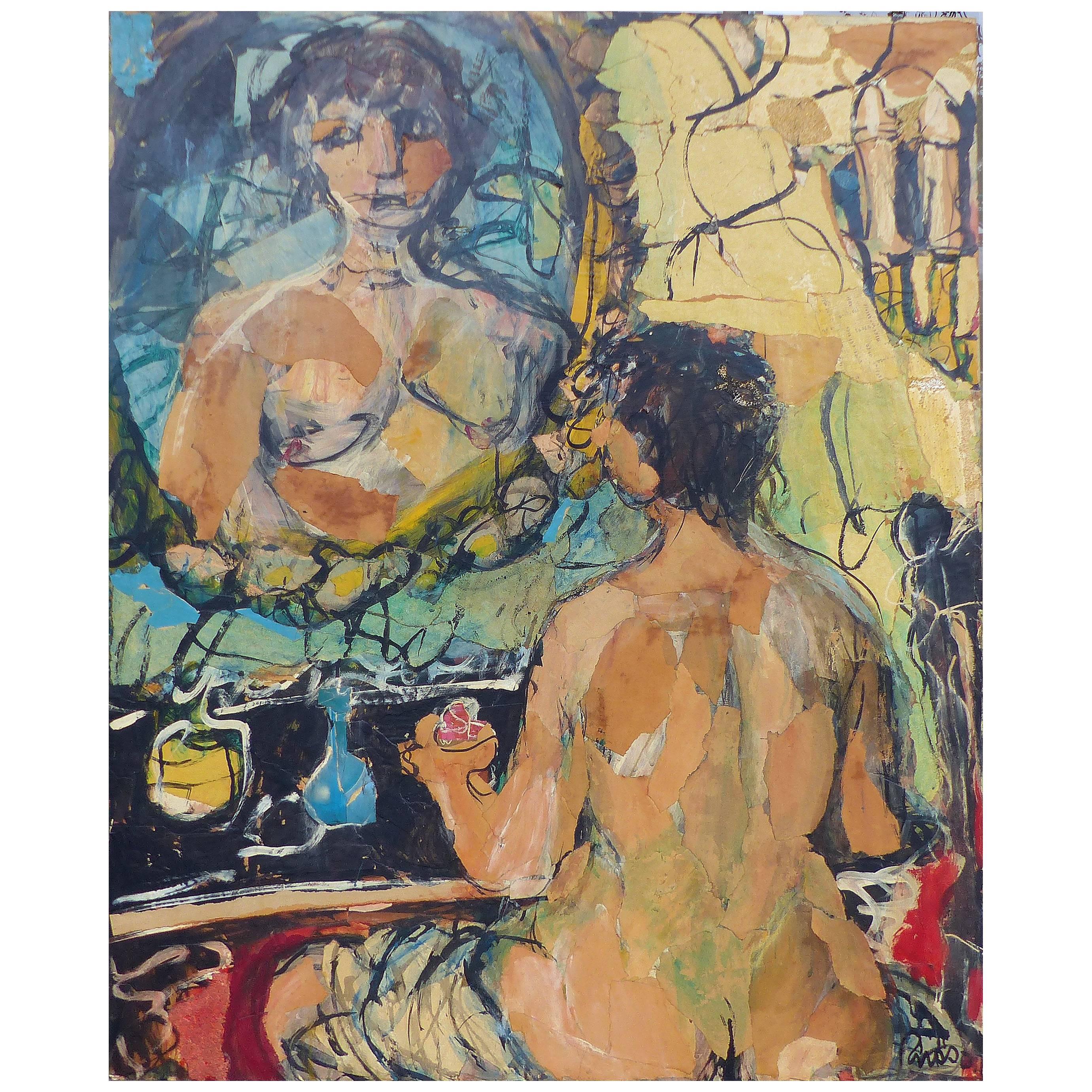 Mid-Century Michael Russo "Nude Before Mirror" Abstract Mixed-Media Painting