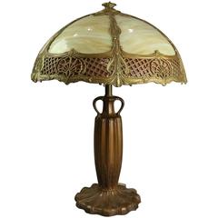 Antique Arts & Crafts Royal Lamp Co. Slag Glass and Bronze Dual-Light Lamp