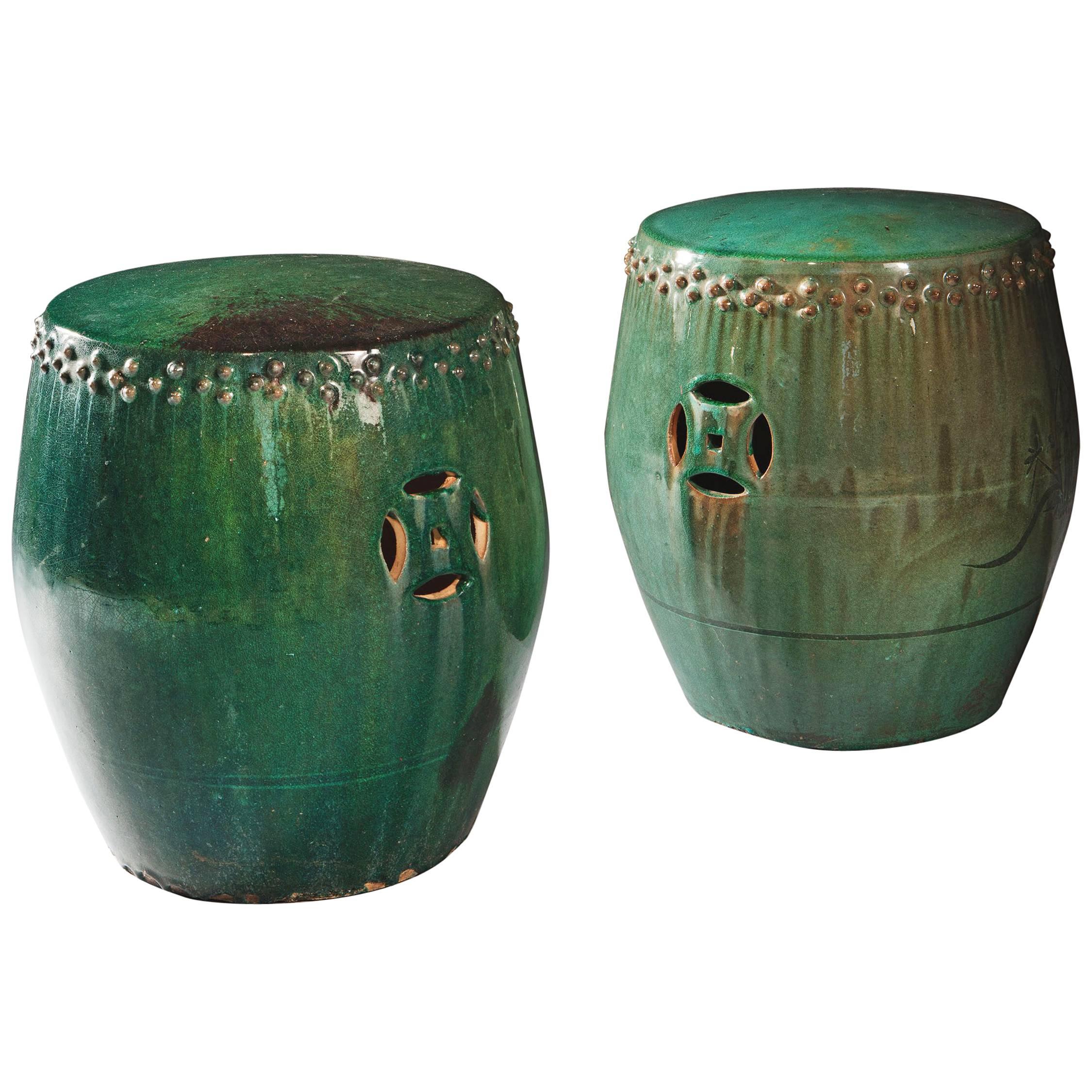 Pair of Vibrant Green Glazed Chinese Pottery Stools