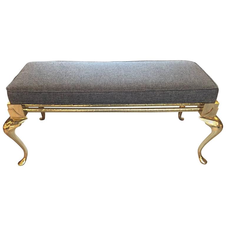 Stunning Solid Brass Bench with Handsome Grey Upholstered Cushion For