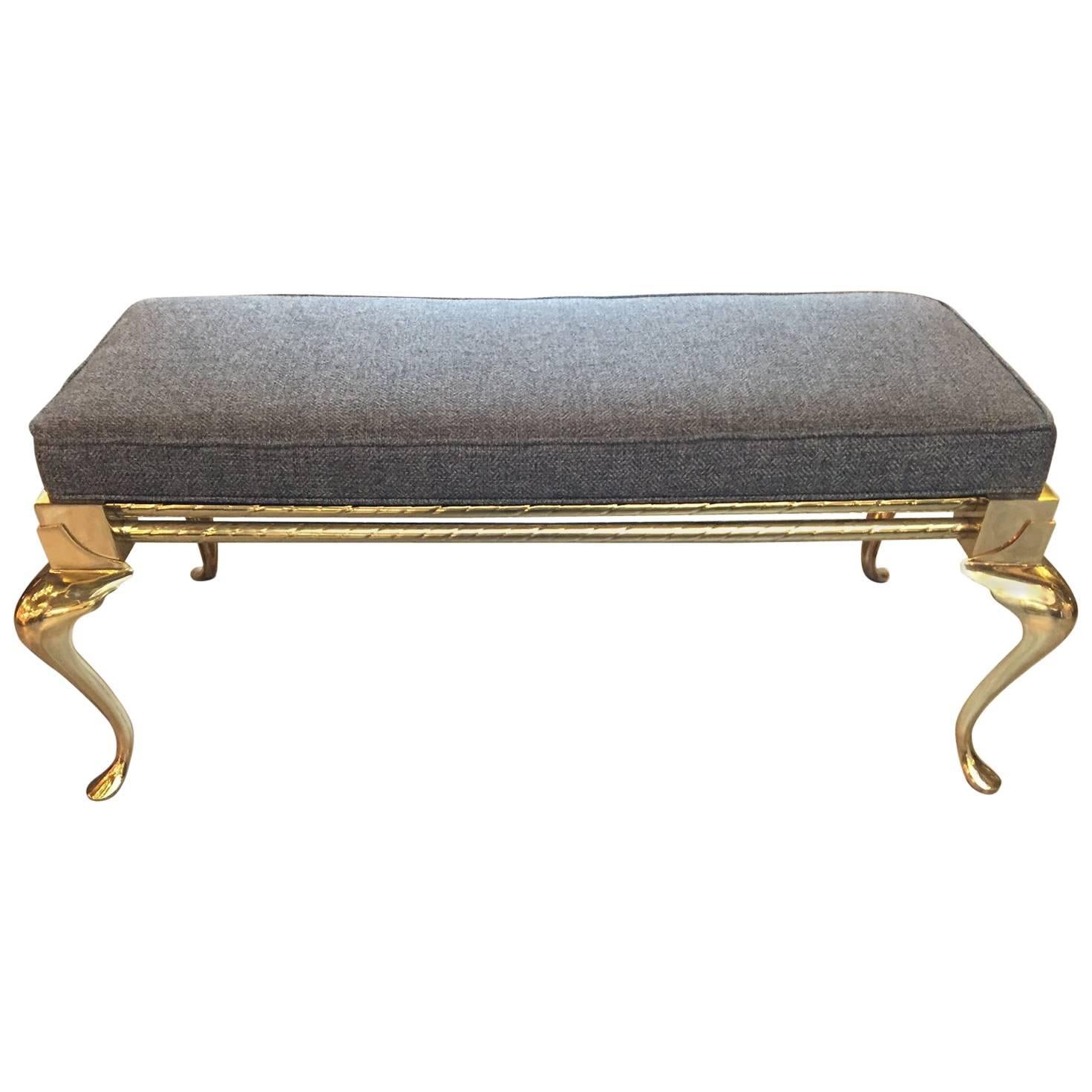 Stunning Solid Brass Bench with Handsome Grey Upholstered Cushion