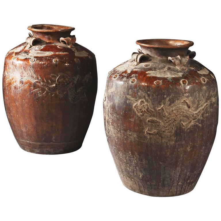 Pair of LargeScale South Chinese Pottery Storage Jars For Sale at 1stdibs