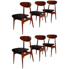 Vintage Mid-Century Modern Six Dinning Chairs Buche with Black Simili Leatherette