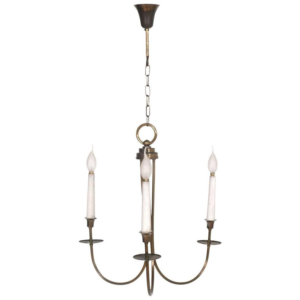 Gothic Burnished Brass Chandelier Three Lights, in Ribbed Brass, Art Decò age For Sale