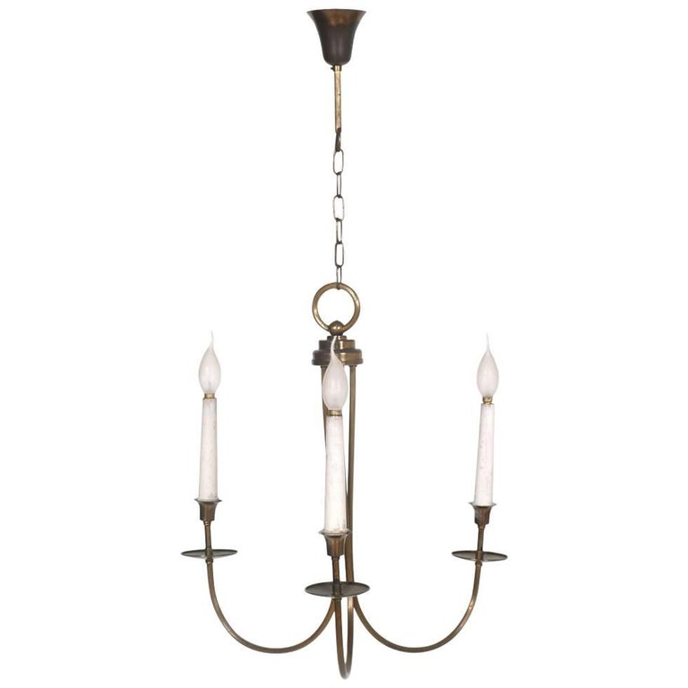 Gothic Burnished Brass Chandelier Three Lights, in Ribbed Brass, Art Decò age For Sale at 1stDibs