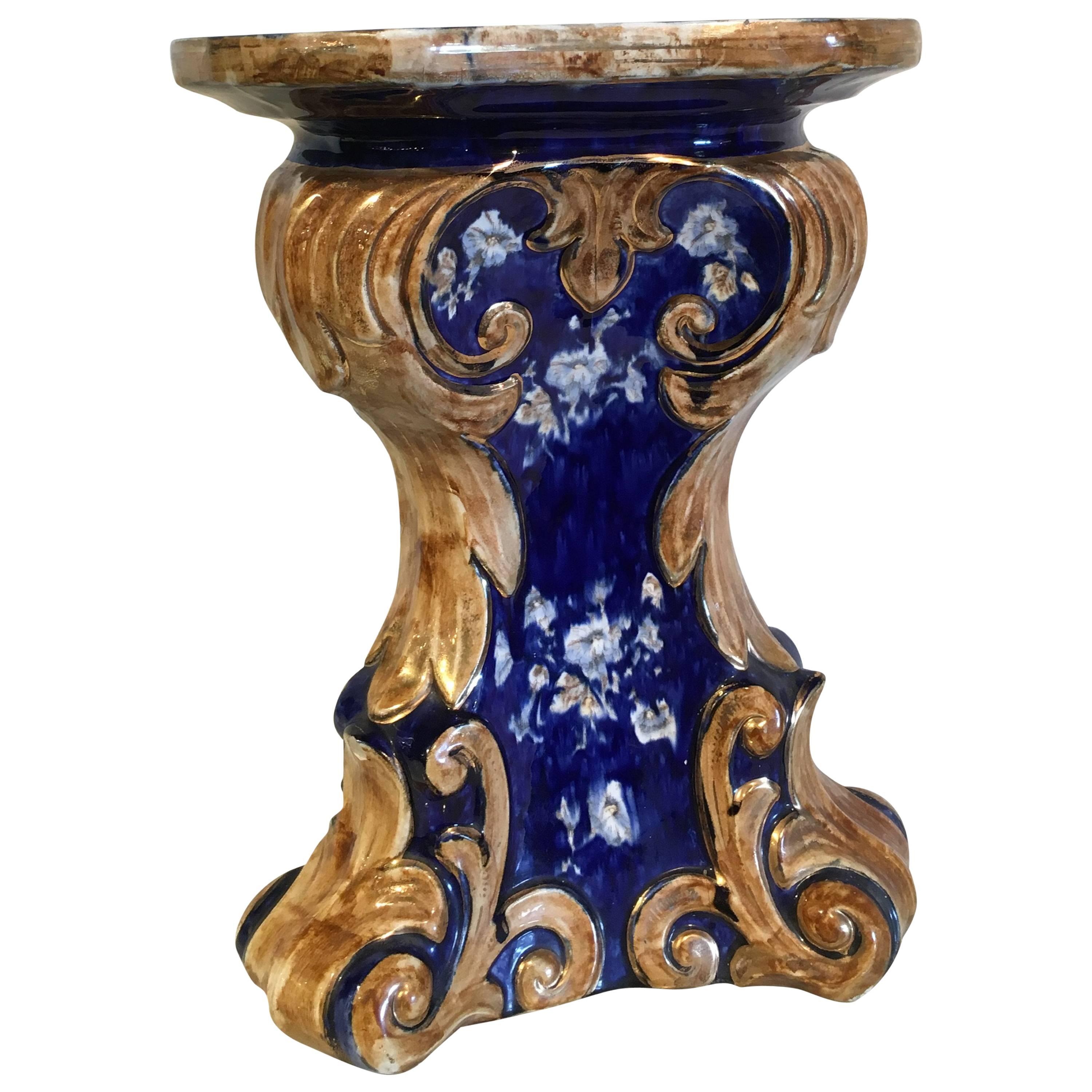 Majolica Cobalt Blue Garden Seat or Pedestal, Late 19th Century, Italy For Sale