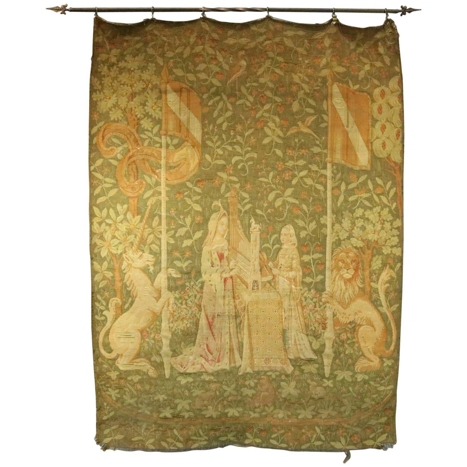 Antique Flemish Wool Wall Tapestry, The Lady & The Unicorn, circa 1800