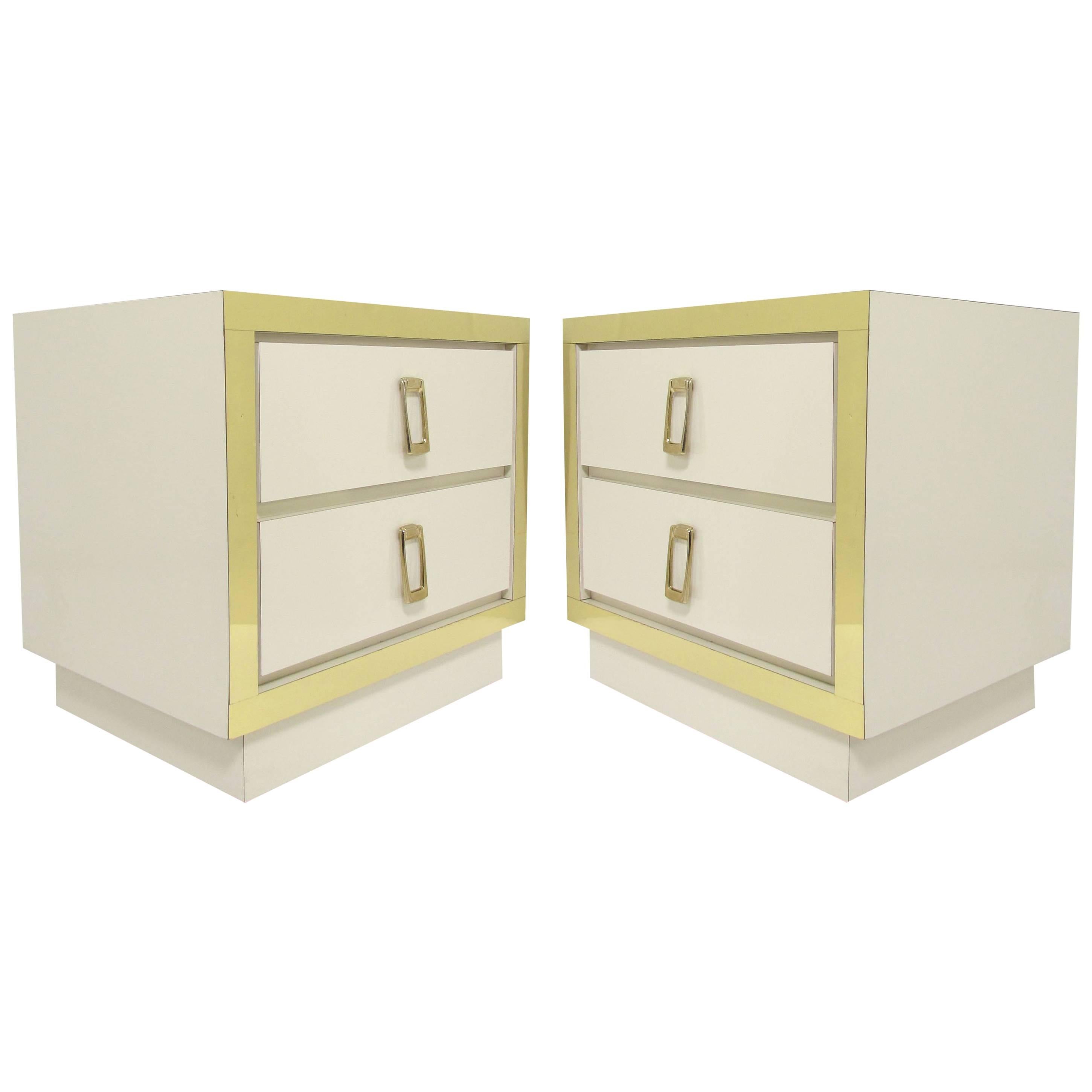 Pair of Hollywood Regency Style Nightstands with Brass Hardware