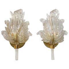 Pair of Barovier Murano Rugiadoso Gold Clear Leaf Wall Sconces