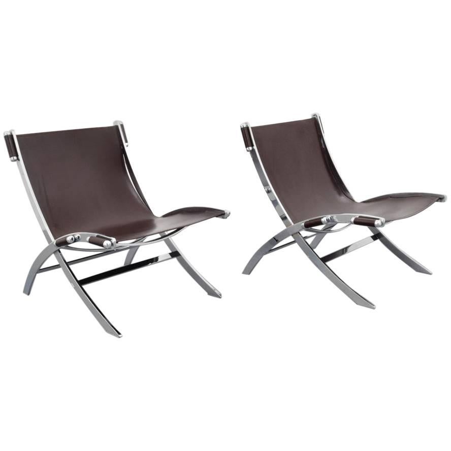 Pair of FlexForm Chrome and Leather Lounge Chairs, 1960s,  Itay
