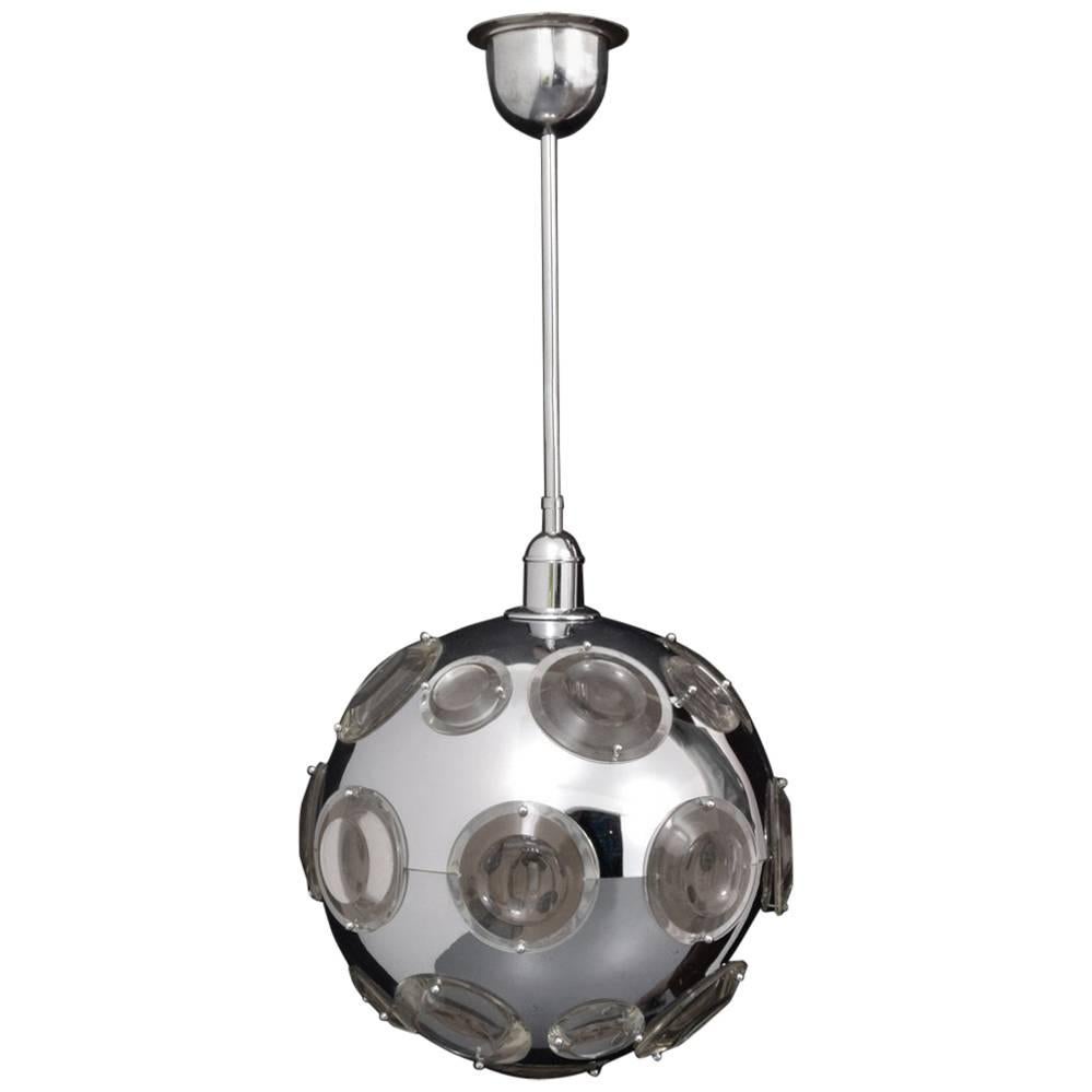 Large Chrome and Lens Glass Chandelier, 1950, France