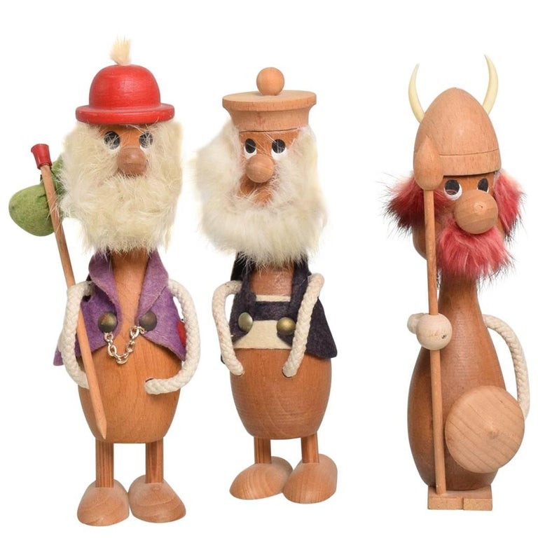 MidCentury Danish Modern Wood Toys, Set of Three Vikings For Sale at