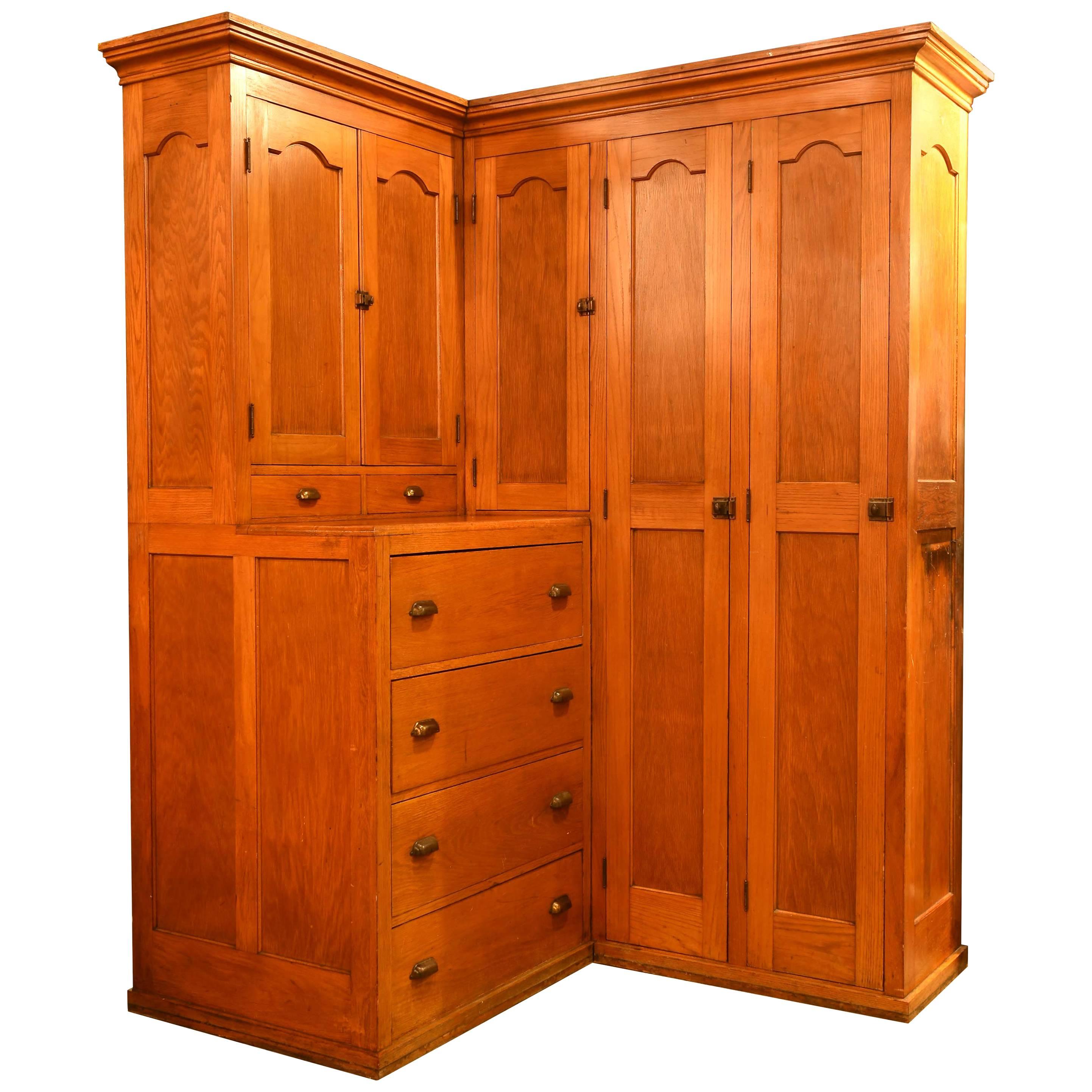 Golden Oak Corner Locker Cabinet with Drawers, circa 1910