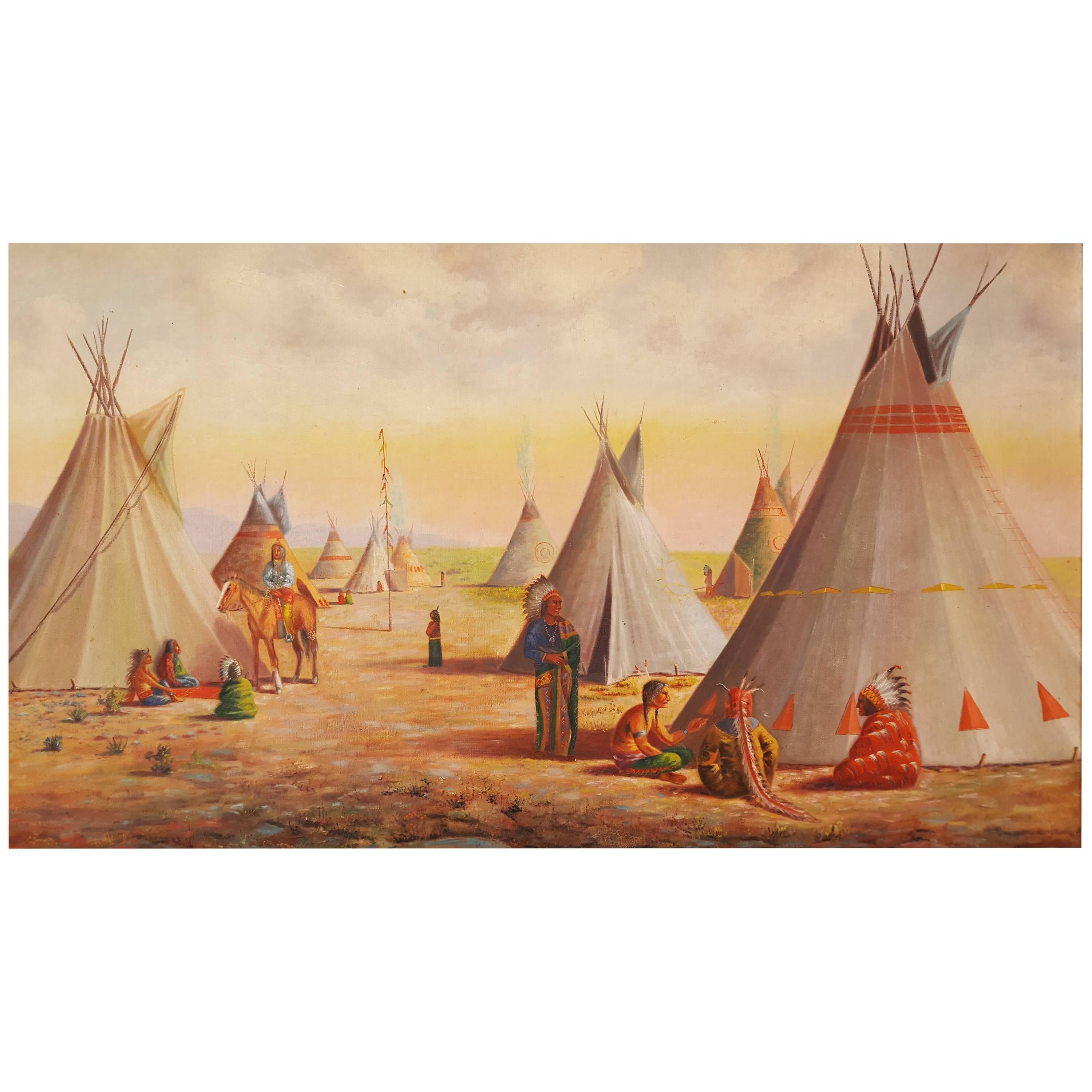 Large Oil Painting of Native American Indian Village For Sale