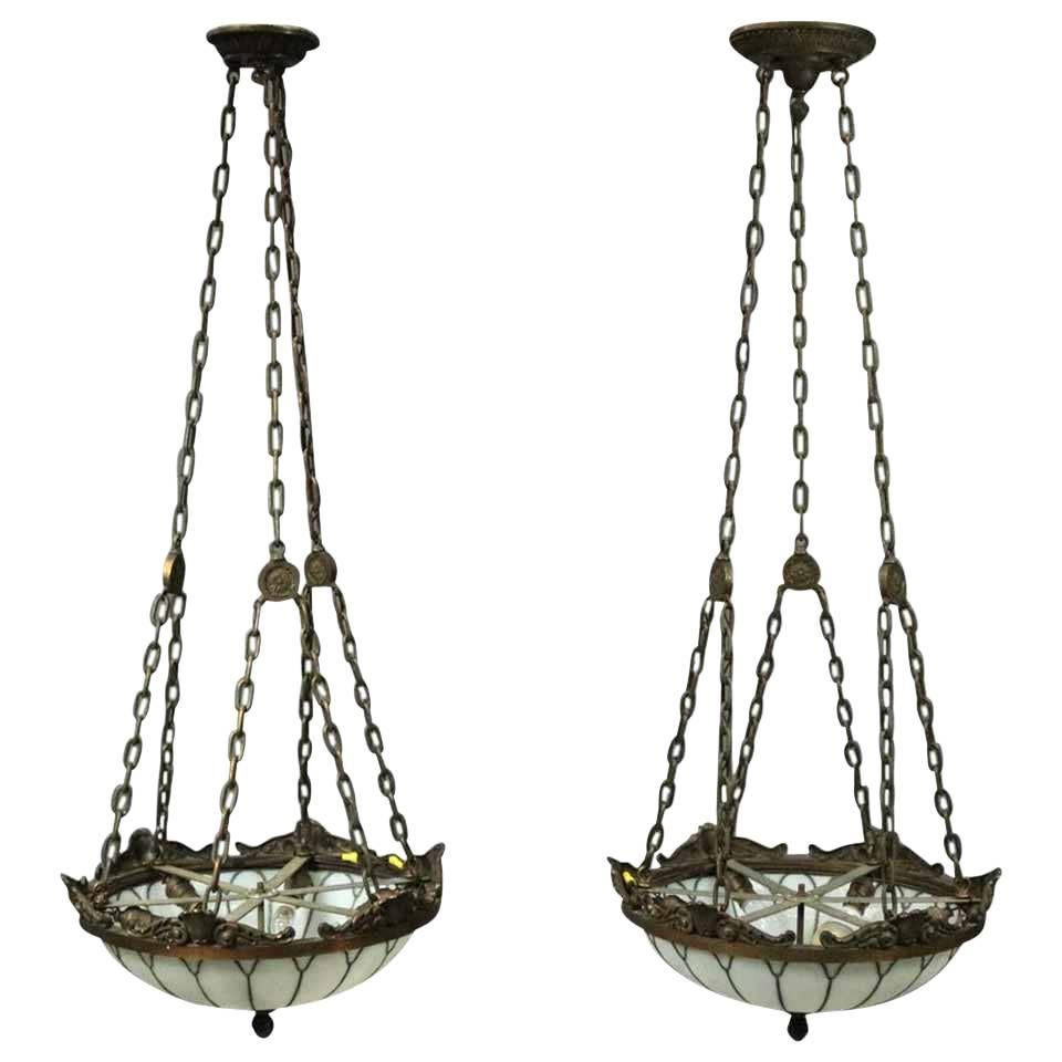 Pair of Antique Arts & Crafts Leaded Glass and Bronze Hanging Dome Lights