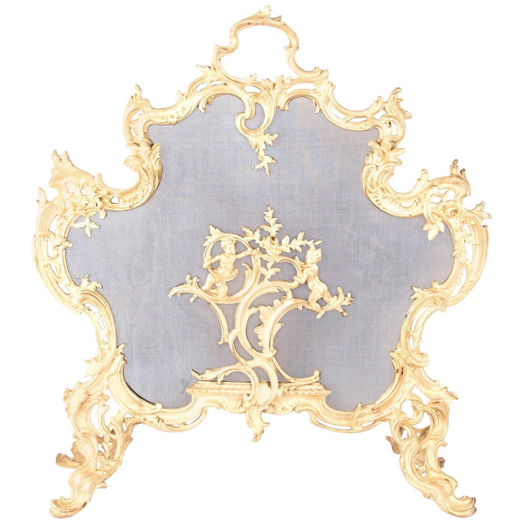 19th Century Gilt-Brass Rococo-Style Fireplace Screen