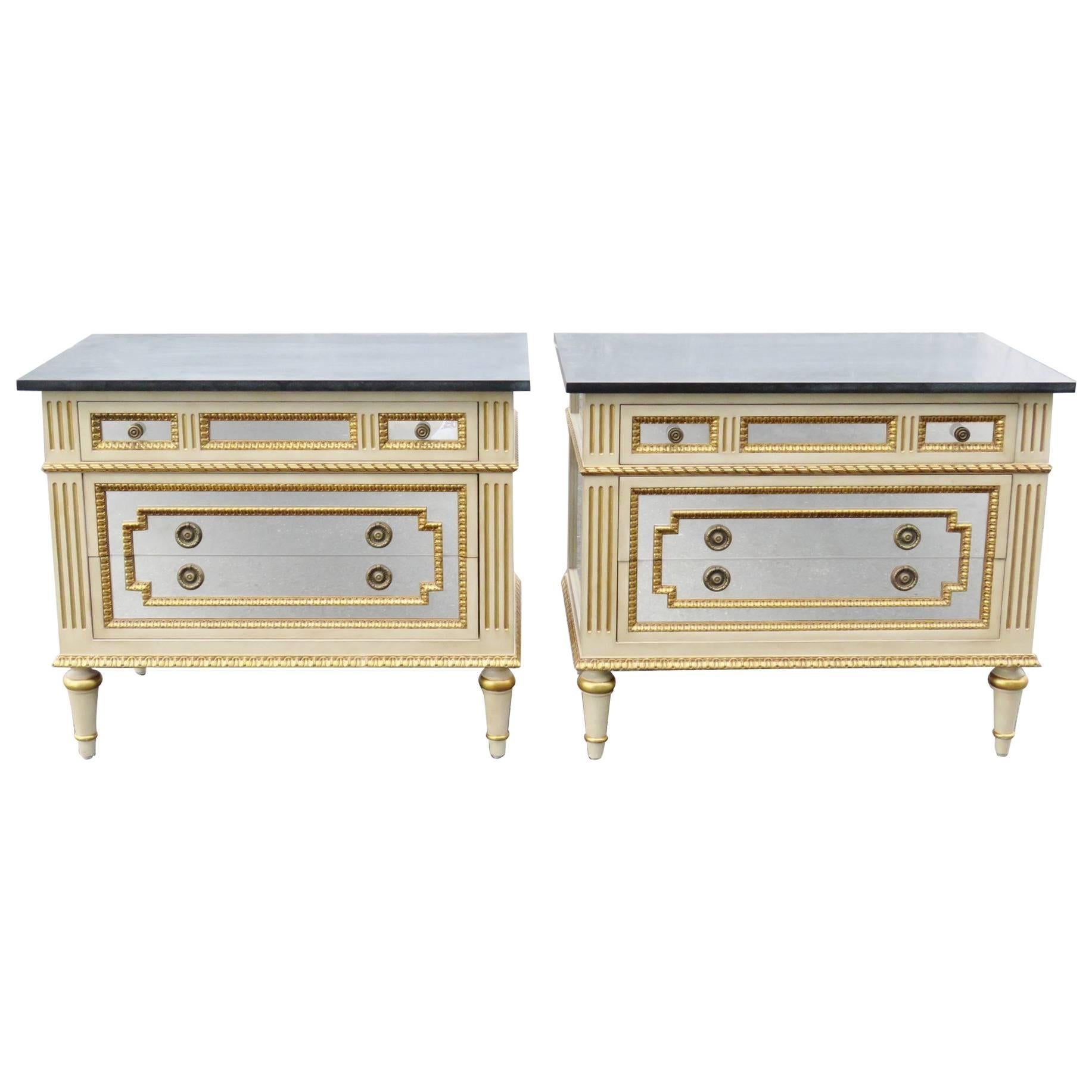 Pair Jansen Style Directoire Painted Mirrored & Gilded Commodes Night Stands 