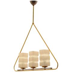 1950s Maison Arlus Triangle Glass and Brass Pendant Lamp / Chandelier