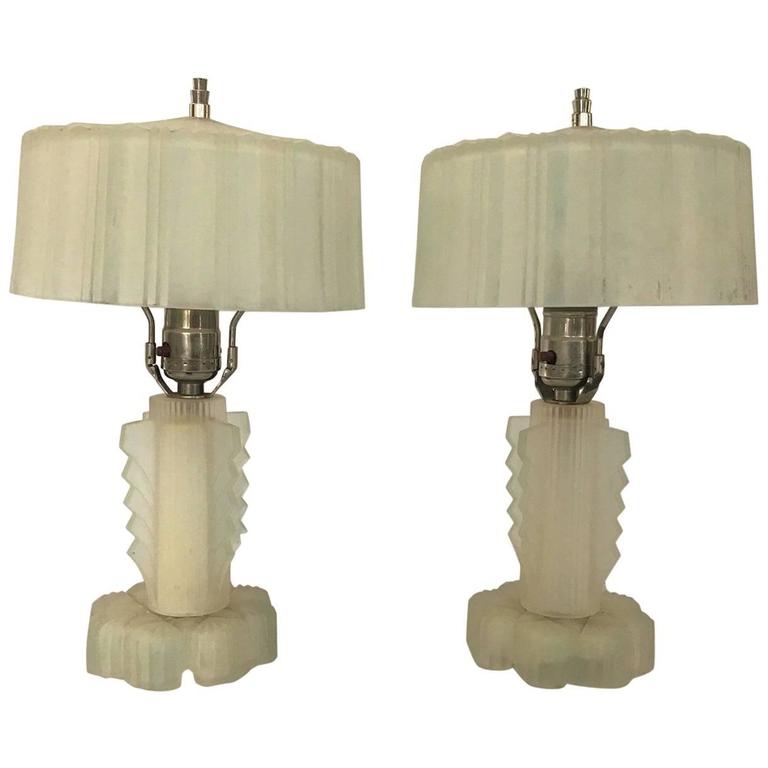 SALE! SALE! SALE! A Pair of Art Deco Lalique Style Glass Lamps Nickle