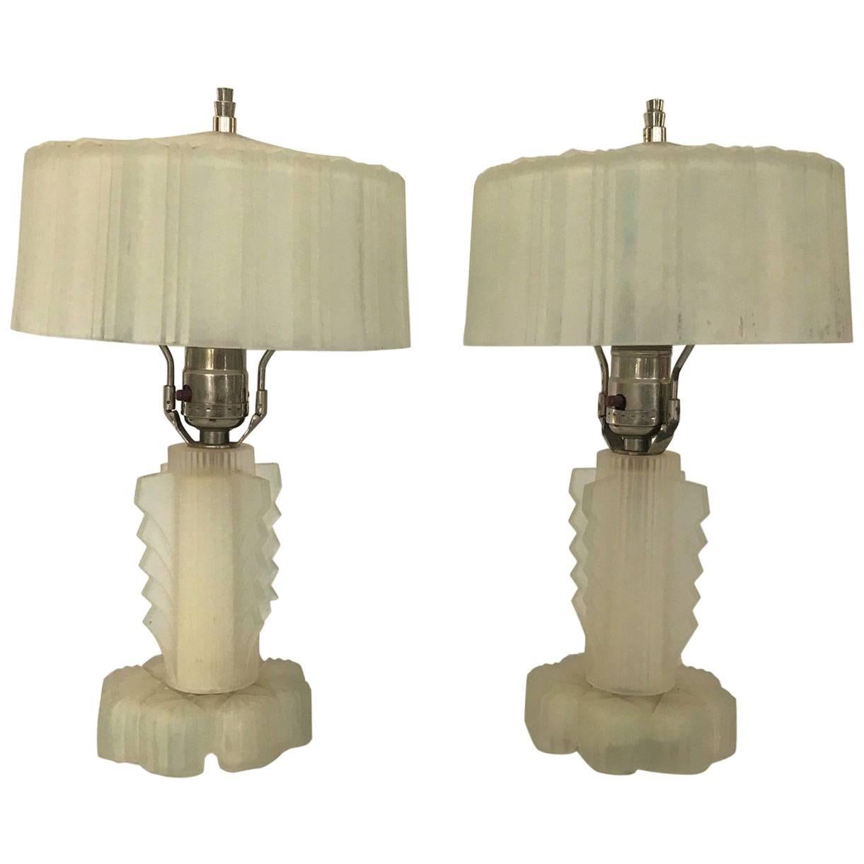 SALE! SALE! SALE! A Pair of Art Deco Lalique Style Glass Lamps Nickle Finials