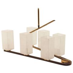 French Mid-Century Maison Arlus Z-Shaped Brass and Glass Pendant Lamp Chandelier 7