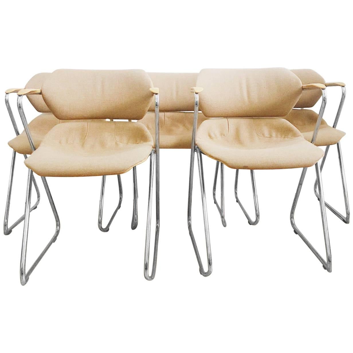 Set of Five Stackable Chrome Chairs by Hugh Acton for American Seating