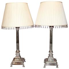 Pair of Edwardian Sheffield Corinthian Column Lamps with Custom Shades