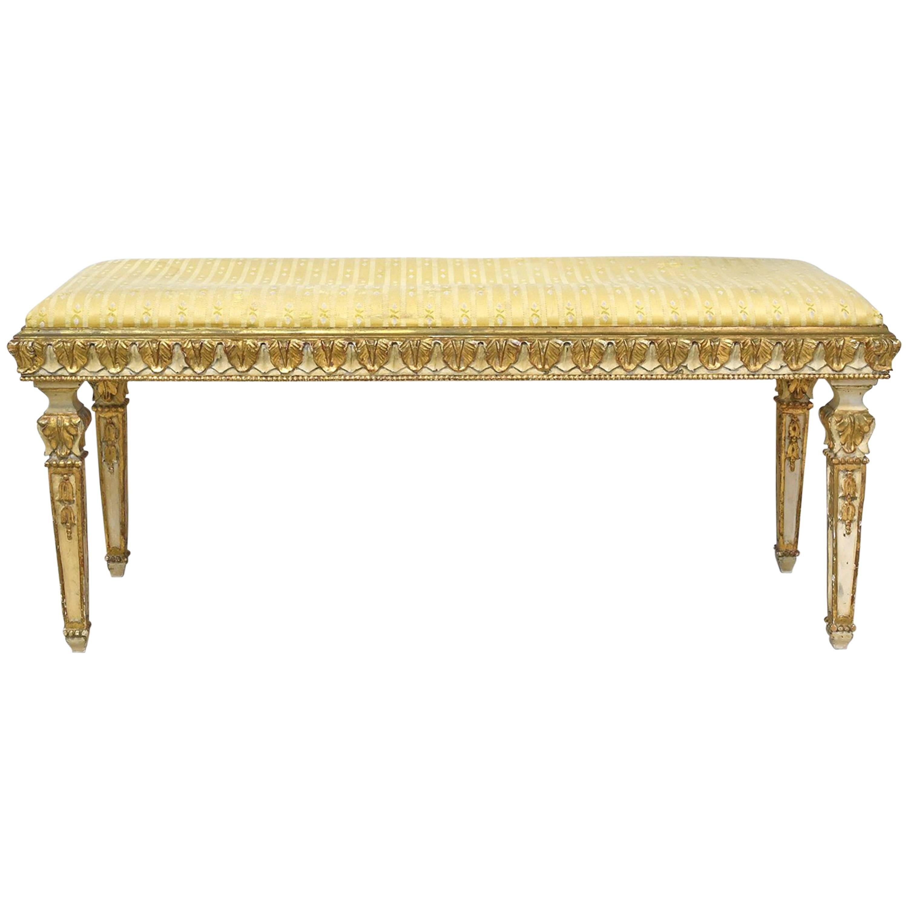 Belle Époque Bench in Gilded & Polychrome Wood with Upholstered Seat