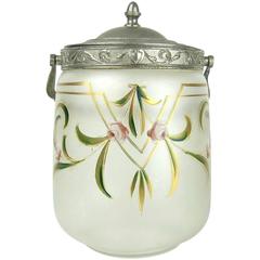 Antique Glass Biscuit Barrel / Cookie Jar with Art Nouveau Enamel Decoration
