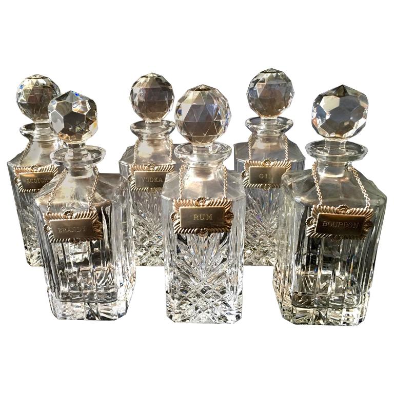 Six Very Desirable English Liquor Decanters with Silver Plate Labels at
