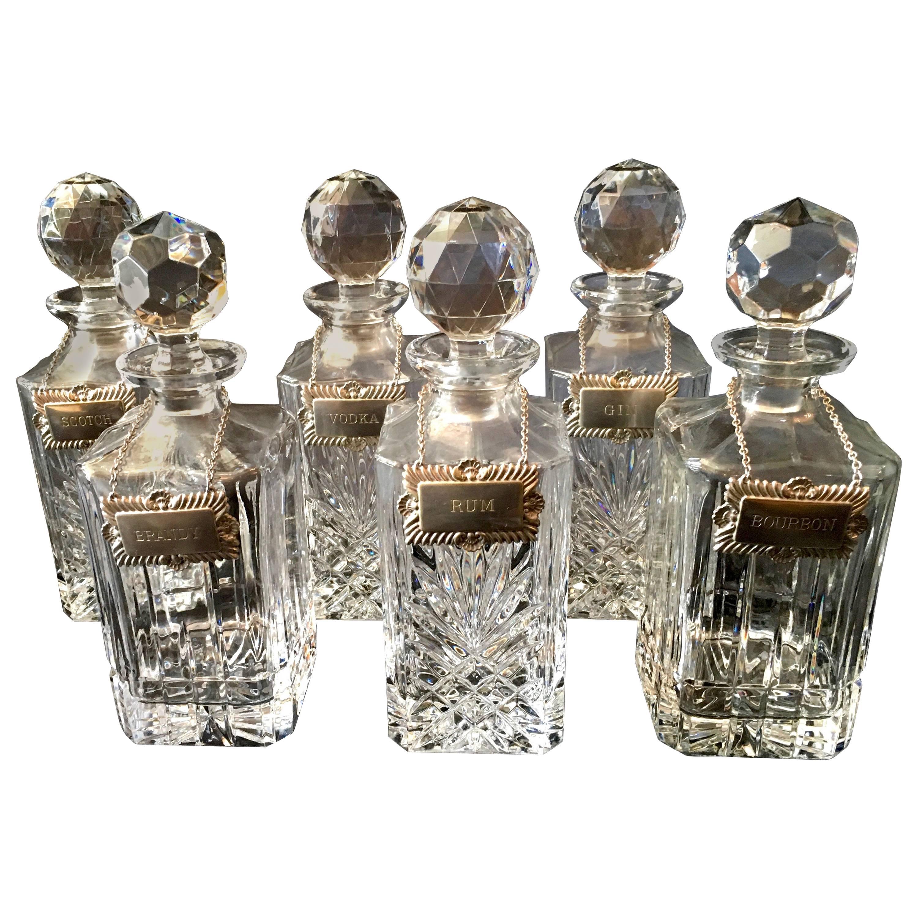 Six Very Desirable English Liquor Decanters with Silver Plate Labels